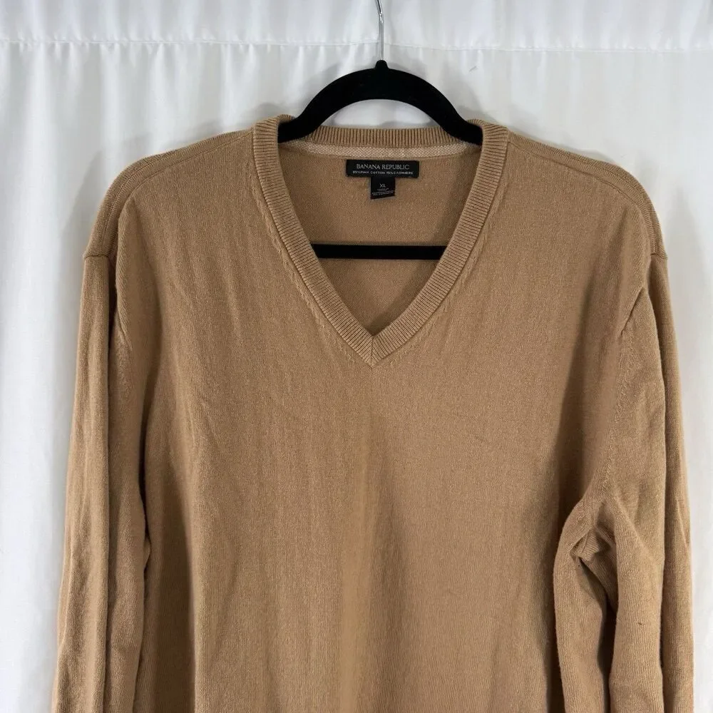 Banana Republic Cashmere Blend Sweater Men's XL Brown Tan V-Neck Long Sleeve
